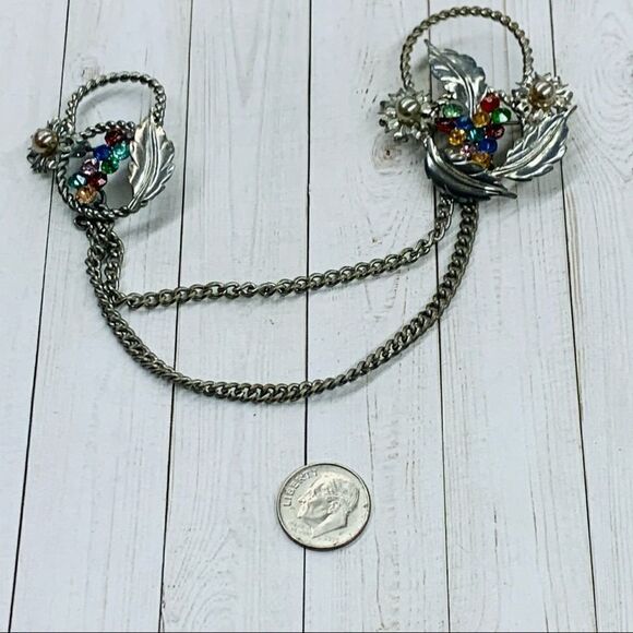 VTG Crystal Silver Double Chain Brooch - Picture 1 of 4